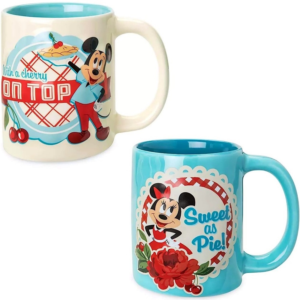 Disney Parks Mickey & Minnie Mouse Retro Cherry Pie Mug Set of 2